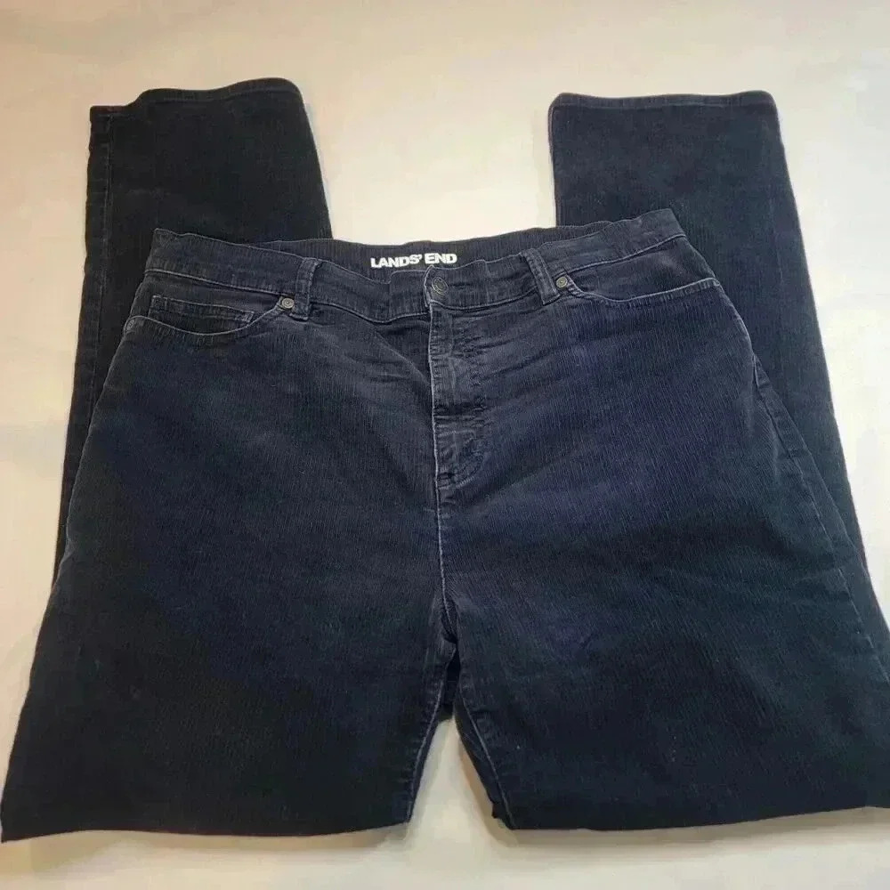 Lands End Corduroy Pants Womems 16 Navy Blue Mid Rise Straight 35 x 31 Classic - Picture 15 of 16